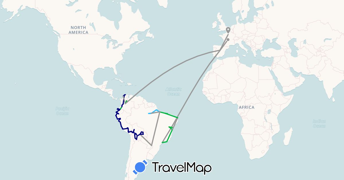 TravelMap itinerary: driving, bus, plane, hiking, boat in Argentina, Bolivia, Brazil, Colombia, Ecuador, Spain, France, Peru (Europe, South America)